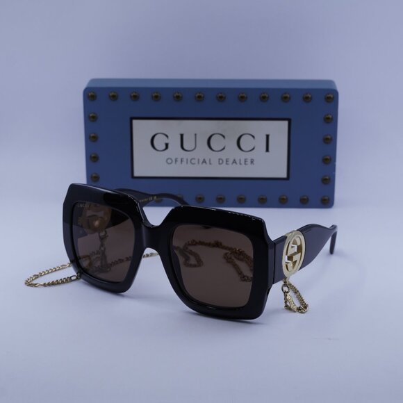 Gucci GG1022S 005 Square Sunglasses - Black/Brown with Gold Chain - Picture 1 of 11